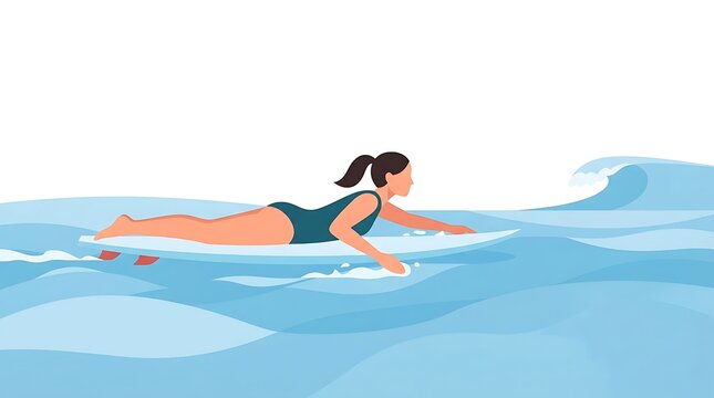 Modern Flat vector illustration of a female surfer lying on her surfboard and paddling through calm water.