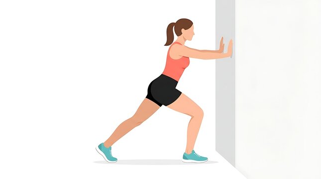 Modern Flat vector illustration of a female runner stretching her calves against a wall before a workout, wearing modern sportswear.