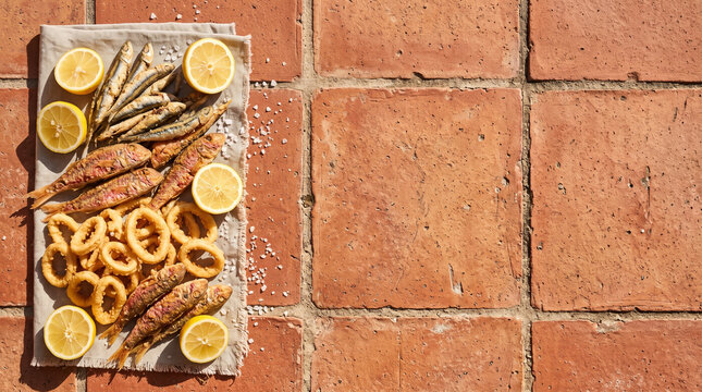 Overhead flat lay of Andalusian mixed fried fish tapas ingredients on tile