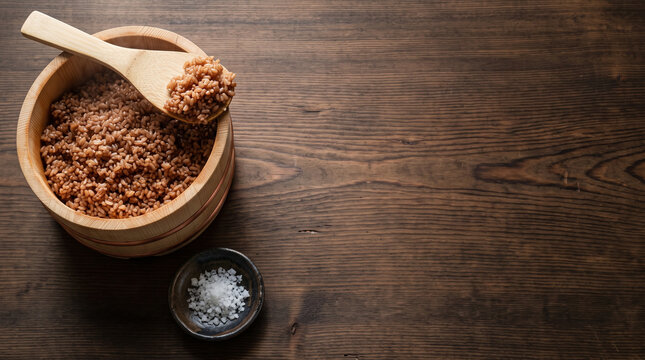 Top down view of Japanese Edomae sushi rice and red vinegar in wooden tub on wood