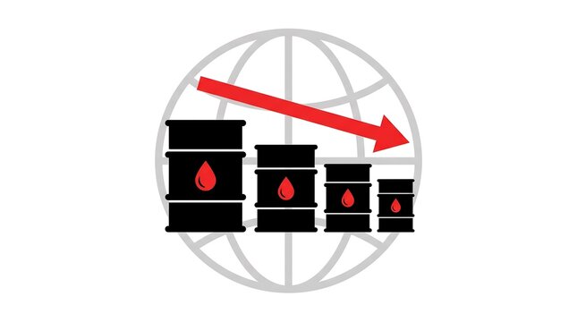 Global oil production decline concept with barrels and red arrow