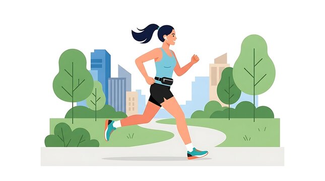 Modern Flat vector illustration of a female runner jogging through a city park, wearing sportswear and running shoes.