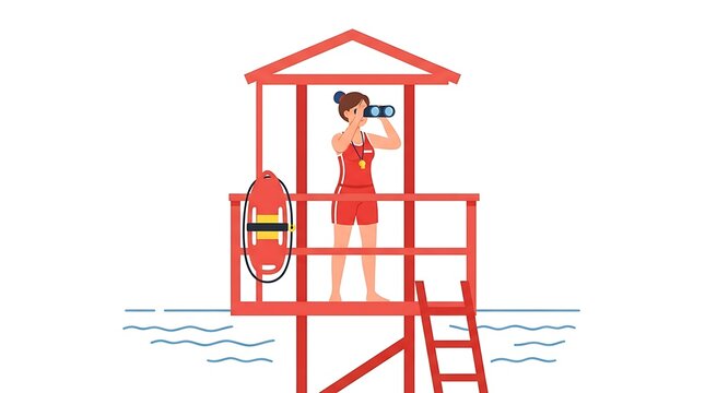Modern Flat vector illustration of a female lifeguard scanning the ocean from a beach tower while holding binoculars.