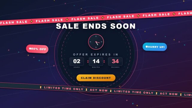 Animated digital countdown banner displaying sale ends soon text with ticking clock timer, scrolling red flash sale tape, yellow claim discount button on purple screen.