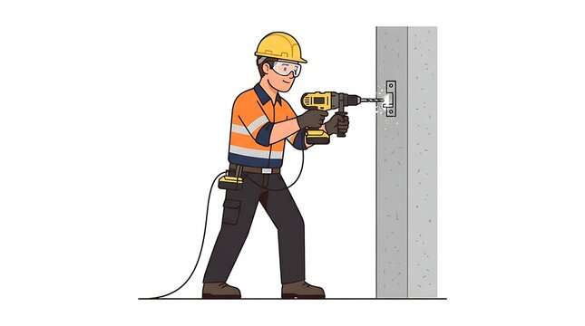 Modern Flat vector illustration of a construction worker using a power drill to install a fixture on a concrete wall.