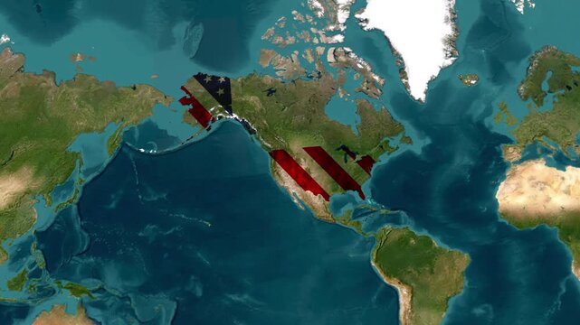 United States map highlighting on satellite globe animation showing national borders and American flag footage