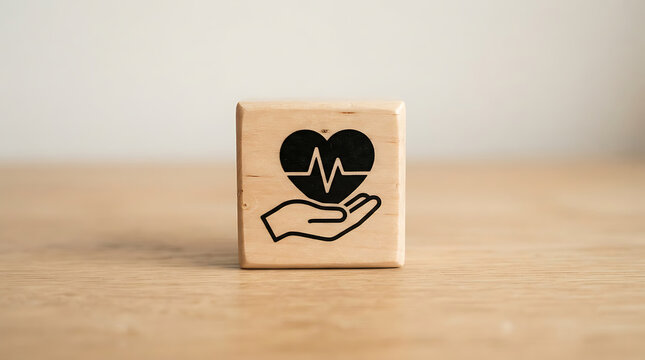 Heart icon printed on a wooden block