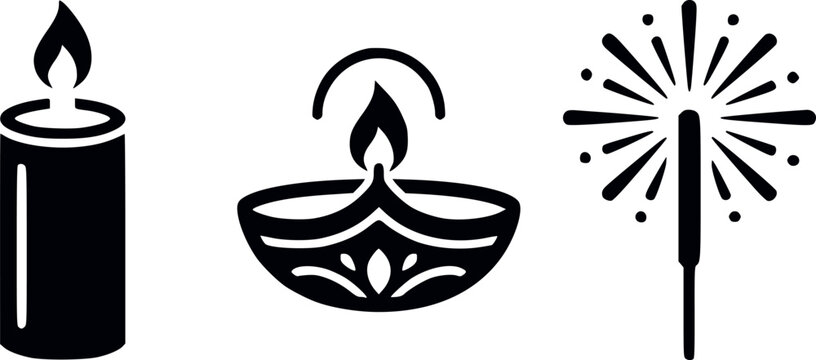 Minimalist diwali candle oil lamp sparkler icon set, black holiday light symbols, flat vector festival graphic elements