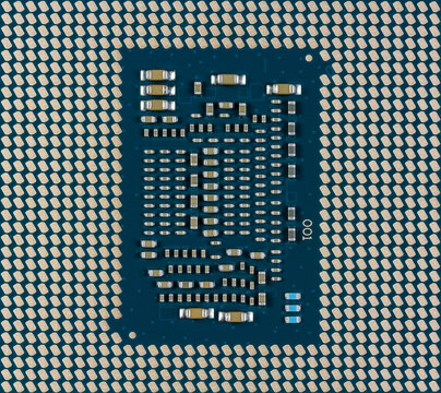 Close up of microprocessor with gold contacts and surface mounted components on blue circuit board