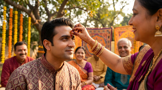 Woman applying traditional tilak to man forehead during ceremony.