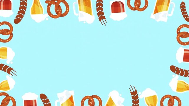Oktoberfest beer and pretzel frame animation with central copy space
