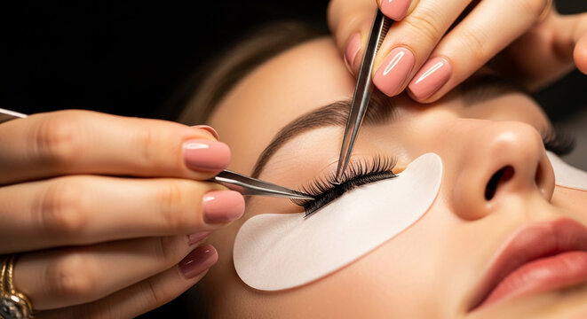 Close-up of eyelash extension application, a beauty procedure for enhancing eye appearance, symbolizing transformation and cosmetic enhancement, perfect for salon services.