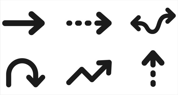 Set of black vector arrows including straight dotted curved zigzag and pointing icons with dotted arrow zigzag line direction symbols navigation set graphic pointer