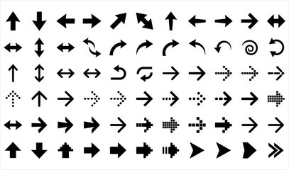 Fototapeta premium Set of various black arrow icons pointing in multiple directions with direction signs navigation arrows UI elements graphic arrows vector arrows web design