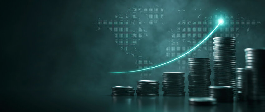 Rising coin stacks trace a glowing growth arrow over a global world map