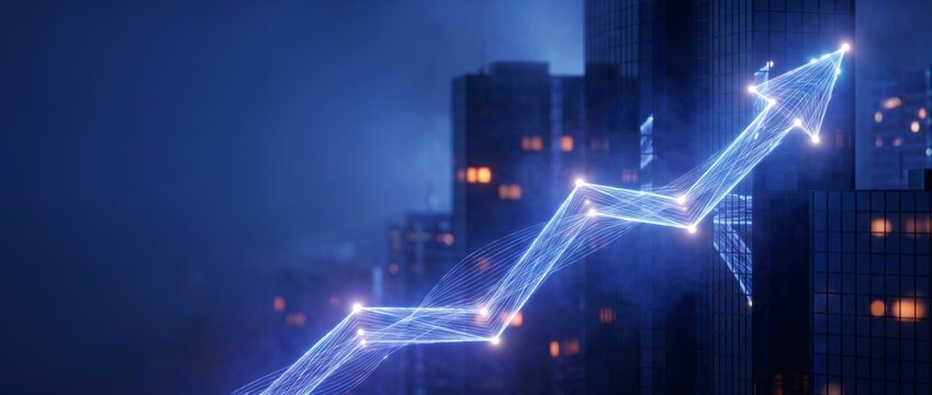 Glowing blue financial growth arrow rises above a dark city skyline at night