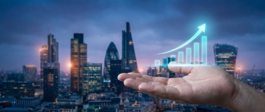 A hand presents a glowing blue growth chart above a dusk city skyline view
