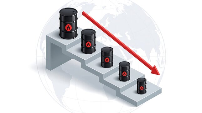 Oil barrels on stairs with a downward trend arrow