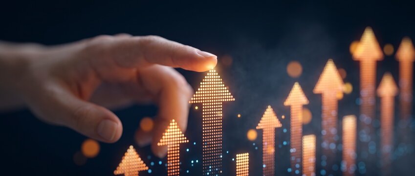 A finger reaches toward a glowing golden growth arrow amid a dark chart display