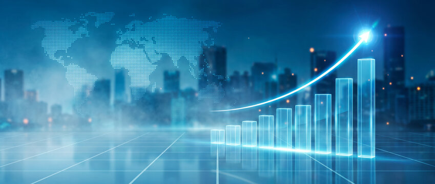 A glowing blue growth chart rises above a reflective floor and city globe