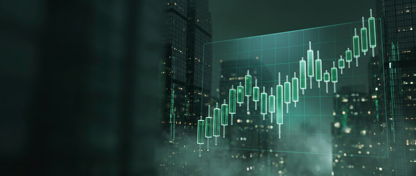Glowing green candlestick bars rise above a blurred city skyline at night