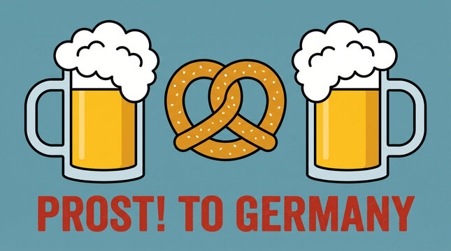 Oktoberfest beer mugs and pretzel illustration with Prost to Germany text