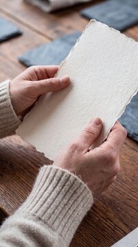 Hands of a person holding a blank textured handmade paper sheet mockup over a rustic wooden table