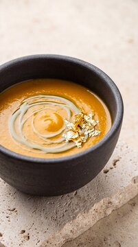 Creamy pumpkin soup decorated with herb oil drizzle and edible gold leaf served in a black ceramic bowl on stone