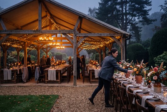Event organizer arranging floral centerpieces on rustic banquet table outside wooden pavilion at dusk