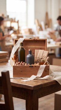 Rustic wooden hamper gift box filled with artisan olive oil, honey jar, hazelnuts, and craft parcels on a table in a workshop