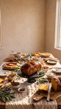 Rustic Thanksgiving dinner table spread with freshly baked brioche bread, autumn pastries, fruit tarts, and holiday decorations in warm sunlight