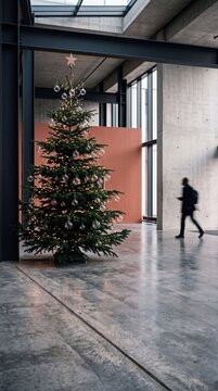 Modern office lobby interior decorated with an illuminated Christmas tree as a person walks in the background