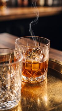 Smoked whiskey cocktail in a crystal rocks glass with clear ice cube and smoking rosemary on a brass bar tray