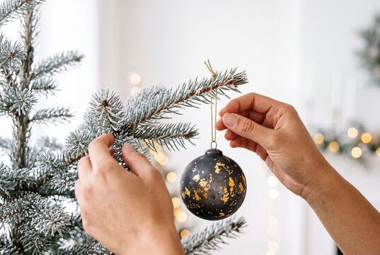 Close-up of female hands decorating a frosted Christmas tree with an elegant black and gold bauble ornament
