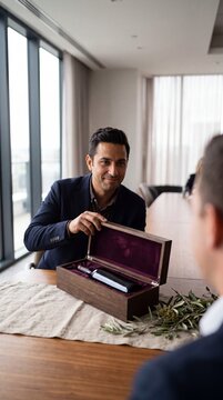 Handsome businessman opening a luxury wooden box presenting a premium wine bottle during a business meeting