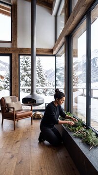 Woman decorating a modern luxury mountain chalet window with fresh pine branches in winter with snowy alpine landscape view