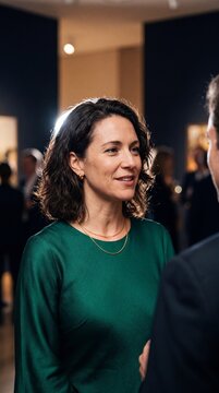 Elegant mid-adult businesswoman talking to a colleague at an evening corporate cocktail party or art gallery event