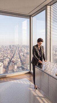Elegant businesswoman arranging crystal glassware in a modern high-rise office with panoramic city skyline view