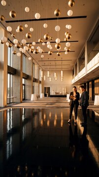 Event planners reviewing banquet hall setup with modern hanging globe lights and polished dance floor in luxury venue