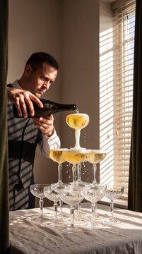 Elegant waiter carefully pouring sparkling champagne from a bottle into a stacked glass tower pyramid for a luxury celebration indoors