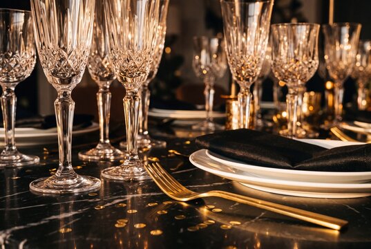 Luxury festive dinner table setting with crystal champagne flutes, golden cutlery, and plates on black marble background