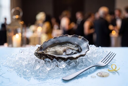 Fresh Raw Oyster Served on Crushed Ice with Seafood Fork at a Luxury Gala Event or Cocktail Party