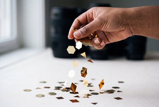 Person Dropping Golden Geometric Confetti Onto a White Surface in a Studio