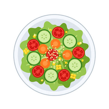 Fresh green vegetable salad plate with cucumber tomato and corn top view vector illustration