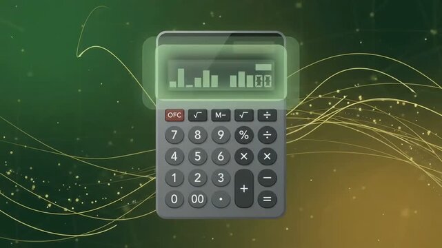 Calculator Animation with Financial Data Charts and Glowing Energy Waves on Abstract Green Network Background.