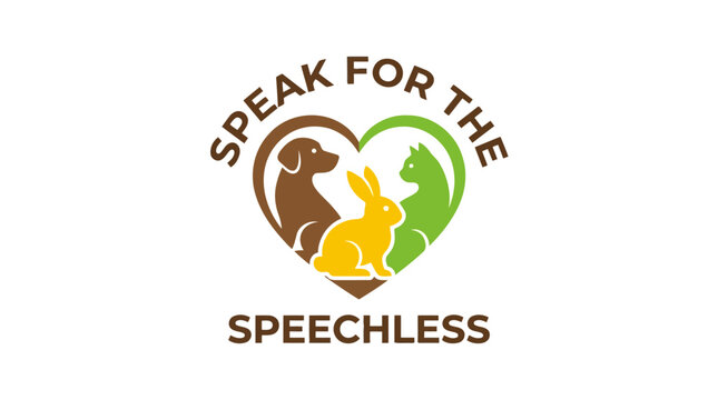 Speak for the speechless logo featuring a dog, rabbit, and cat inside a heart shape