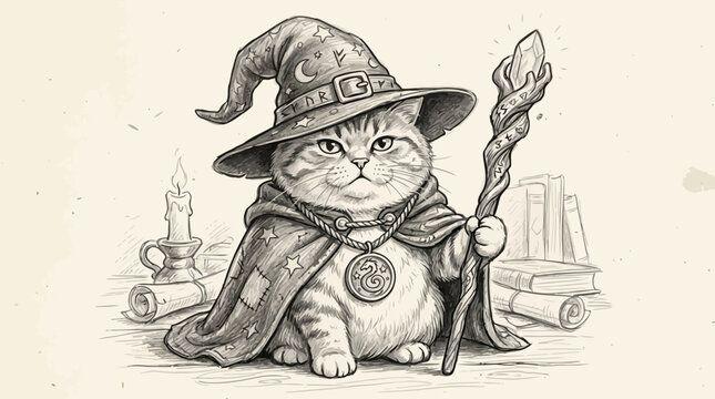 Whimsical sketch of a fluffy cat dressed as a wizard with a staff and hat