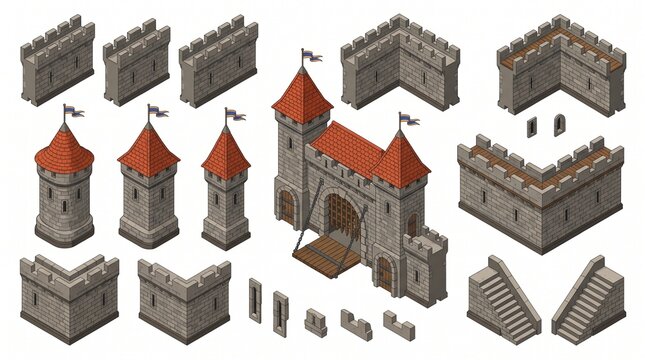 Medieval castle components set with copy space for fantasy game or historical project mockups