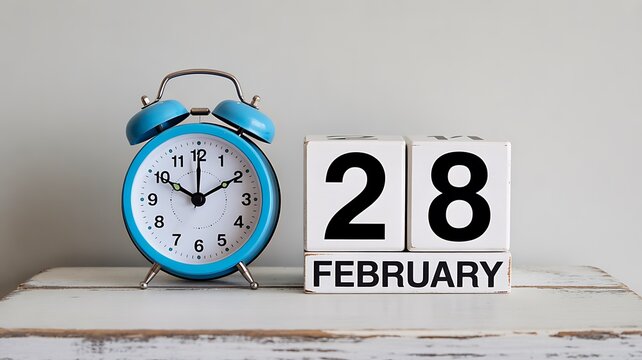 Blue alarm clock beside a February 28 calendar date on a wooden table