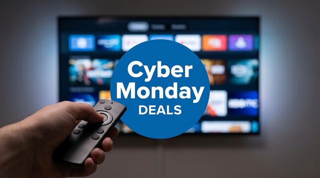 Person holding a tv remote control in front of a smart television displaying an application menu for cyber monday deals with smart tv online shopping living room